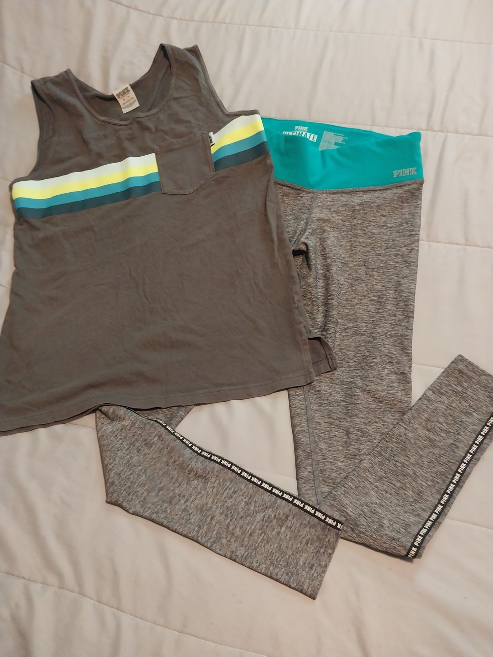 PINK Gray Tank & Gray Leggings Set with Teal Waistband